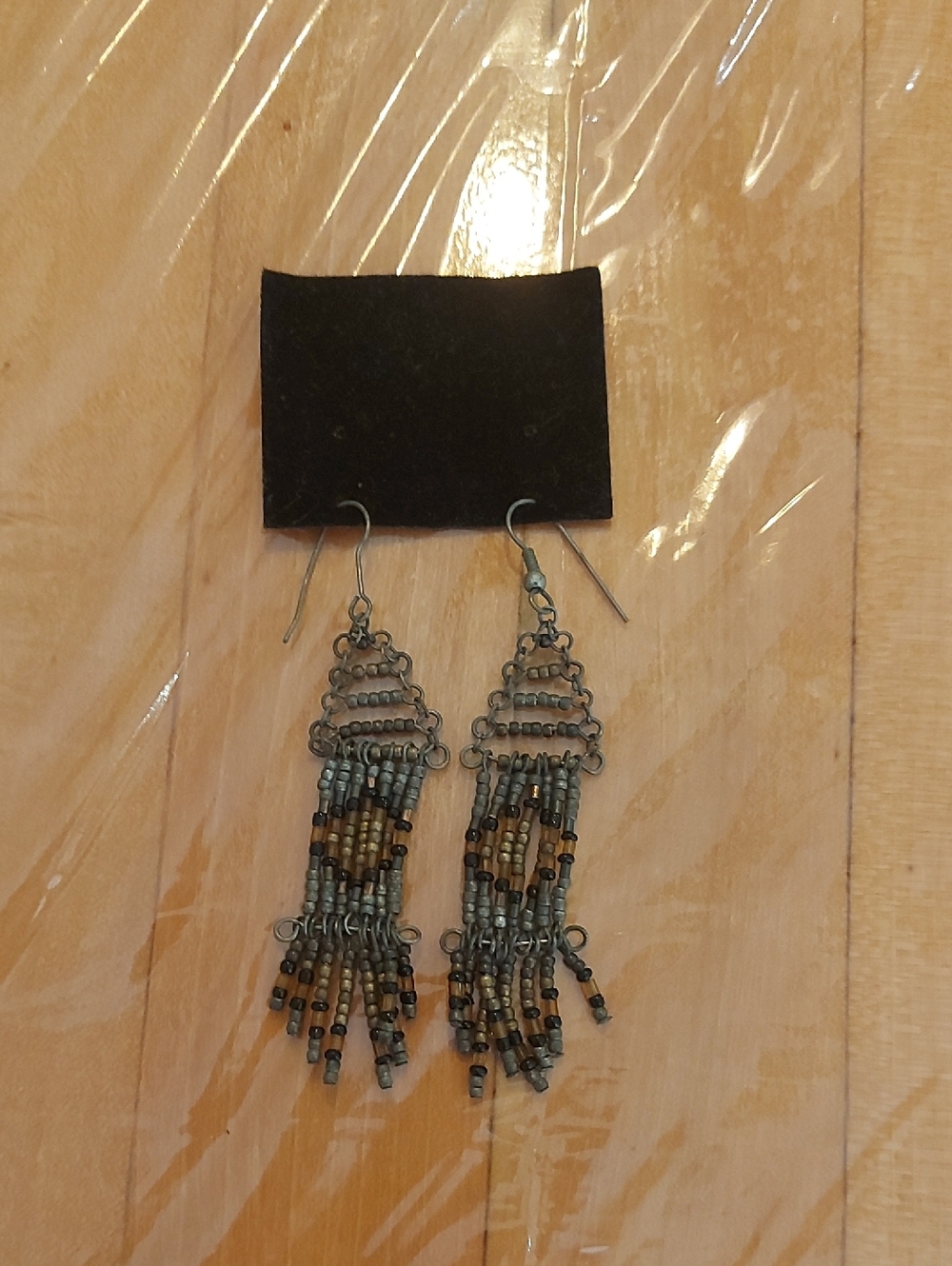 Beaded Fringe Dangle Earrings - Blue and Brown